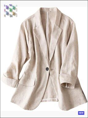 Linen Blazer Classic Notch Lapel Casual Slim Fit 3/4 Sleeve Korean Style Jacket